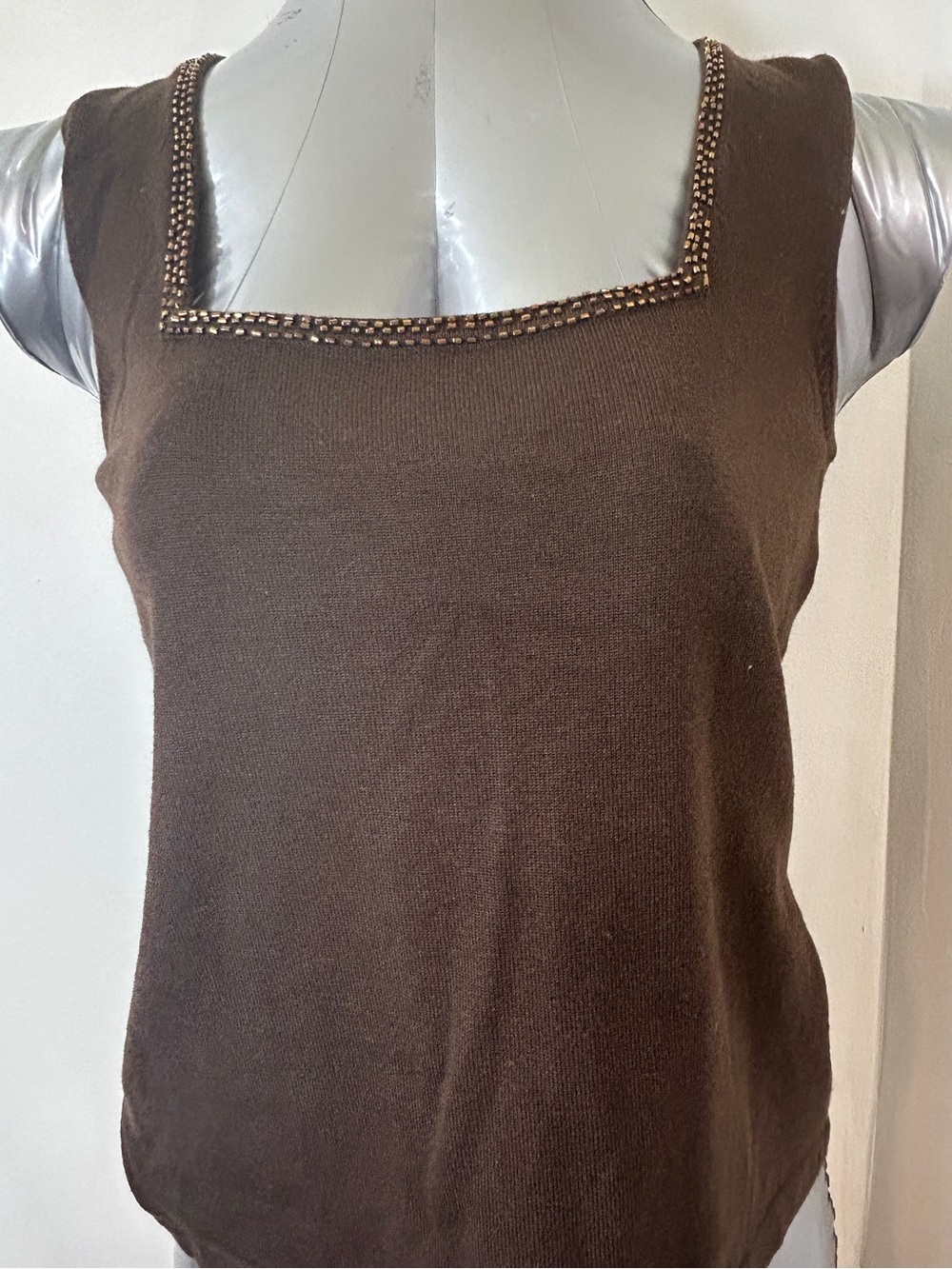 Willi Smith Brown Beaded Square-Neck Tank Top